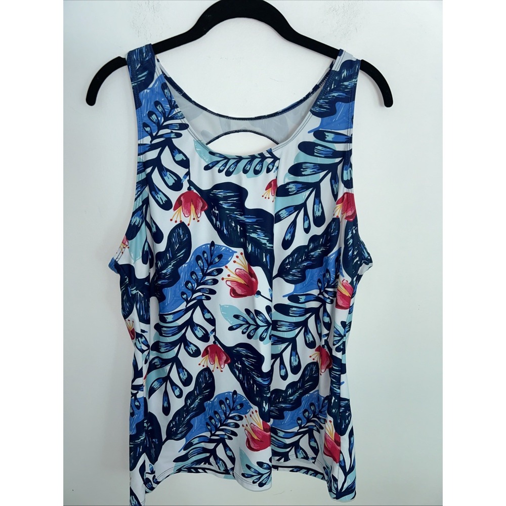 Women's XXL Tank Top Blue Red Floral Beachy  Coastal Spandex‎ Polyester Light
